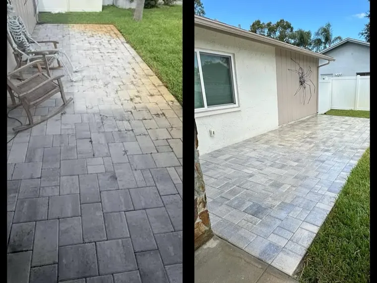 Side-by-side before and after views of a gray backyard paver patio showing the cleaned and sealed finish