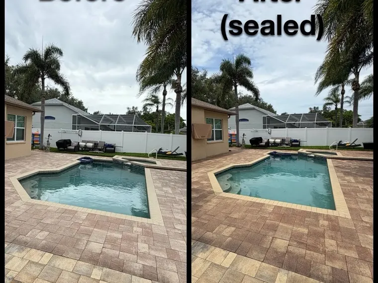 Side-by-side before and after views of a backyard paver pool deck showing richer color after sealing